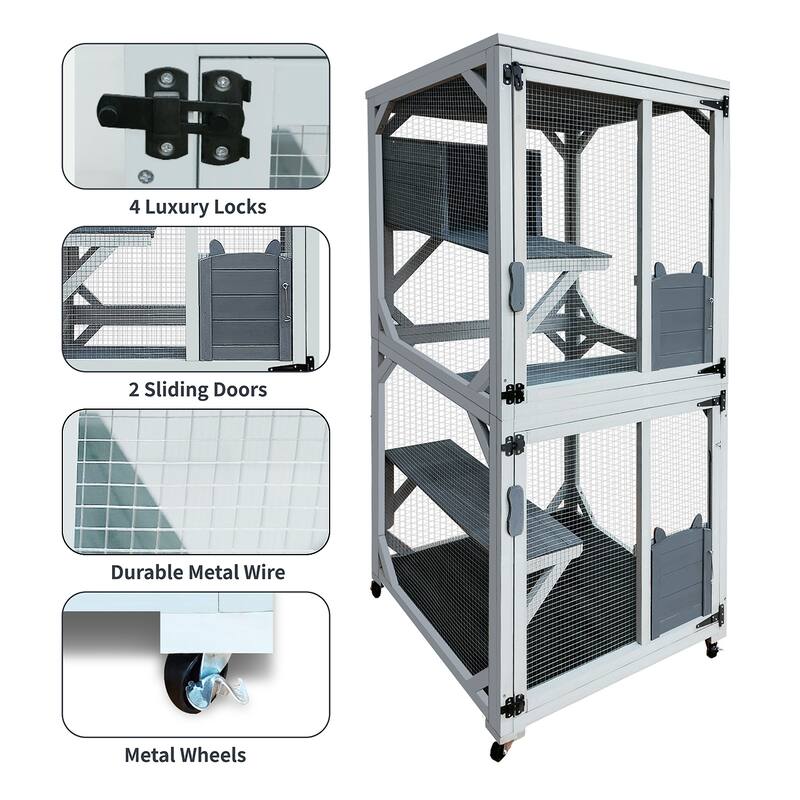 30.7" Wooden Catio Outdoor Cat Enclosure,Luxury Cat House on Wheels with Napping House,4 Platforms & Weatherproof Asphalt Roof