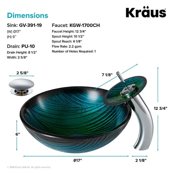 dimension image slide 1 of 3, Kraus Glass Vessel Sink, Bathroom Faucet, Pop Up Drain, Mounting Ring