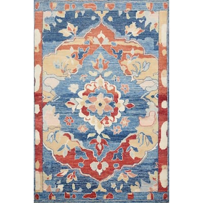 Hand Knotted Oriental 100% Wool Carpet Transitional Floral Navy Blue & Blues Oushak Area Rug - 6' 9'' X 5' 1''