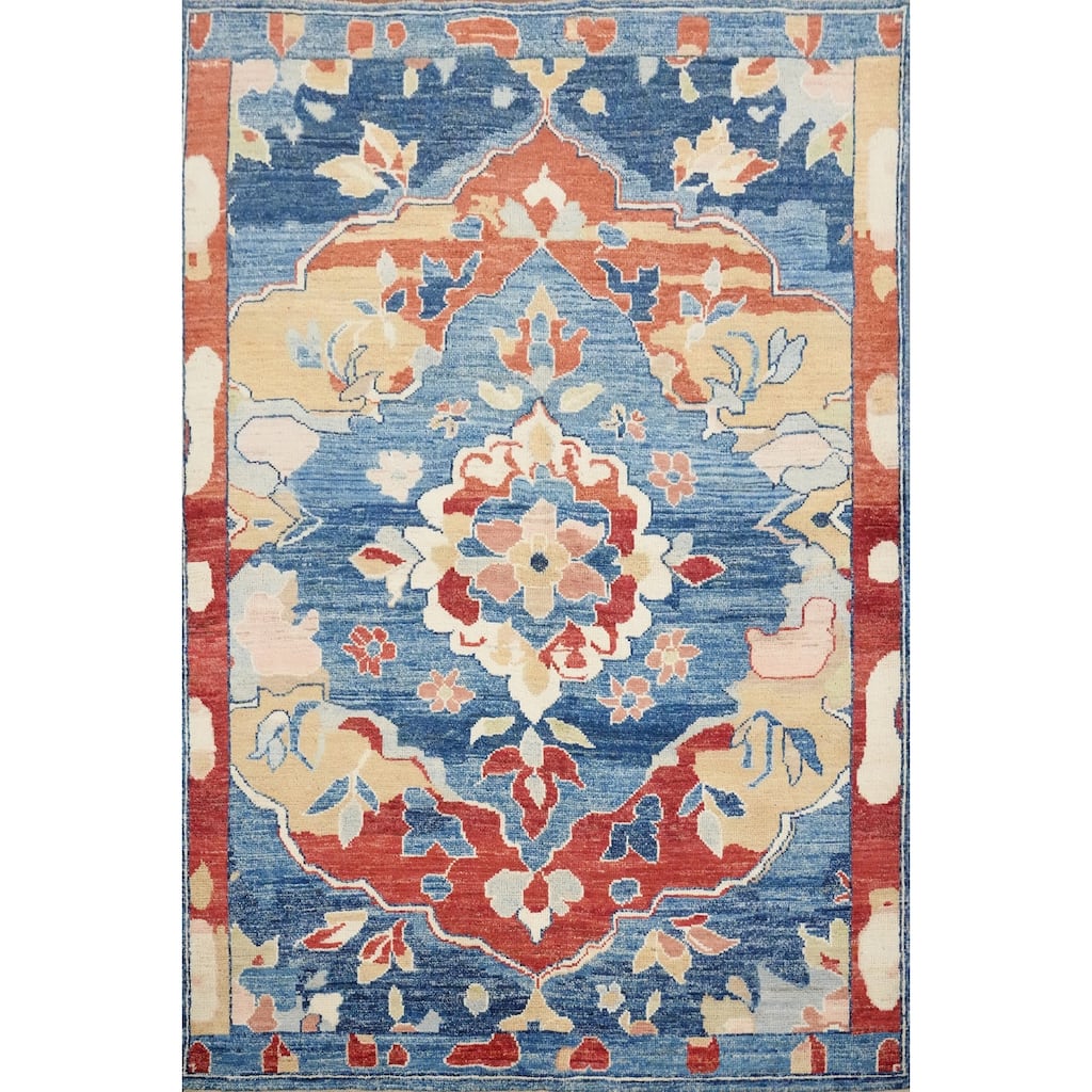 Hand Knotted Oriental 100% Wool Carpet Transitional Floral Navy Blue & Blues Oushak Area Rug - 6' 9'' X 5' 1''