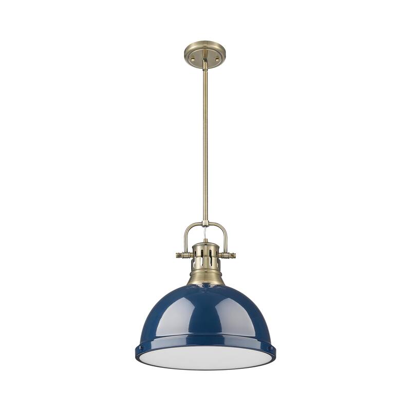 Yep by Golden Lighting Duncan 1-light 14in Rod Hung Pendant in Aged Brass and Navy Blue shade