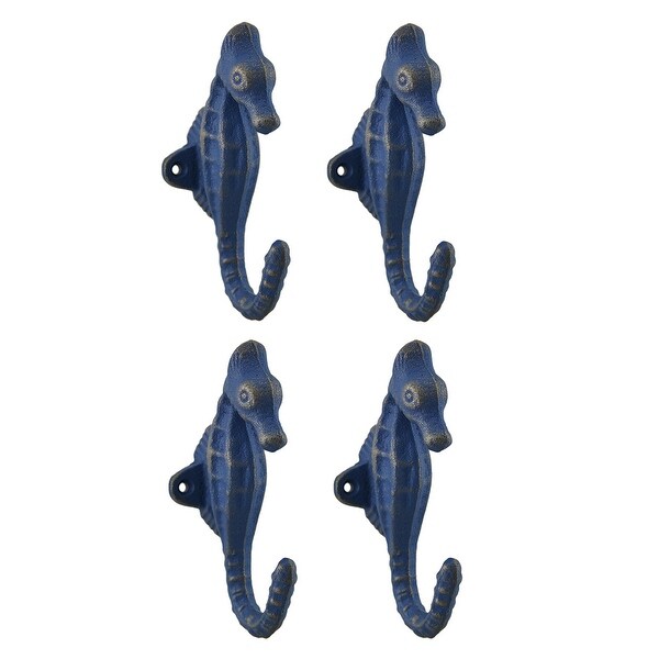 Set of 4 Faux Aged Blue Verdigris Finish Cast Iron Seahorse Wall Hooks - 5 X 2.5 X 2 inches