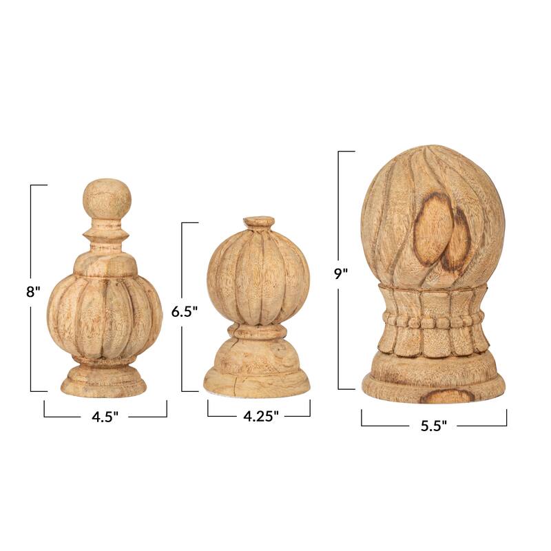 Bleached Hand-Carved Mango Wood Finials, Set of 3 - 5.5"L x 5.5"W x 9.0"H