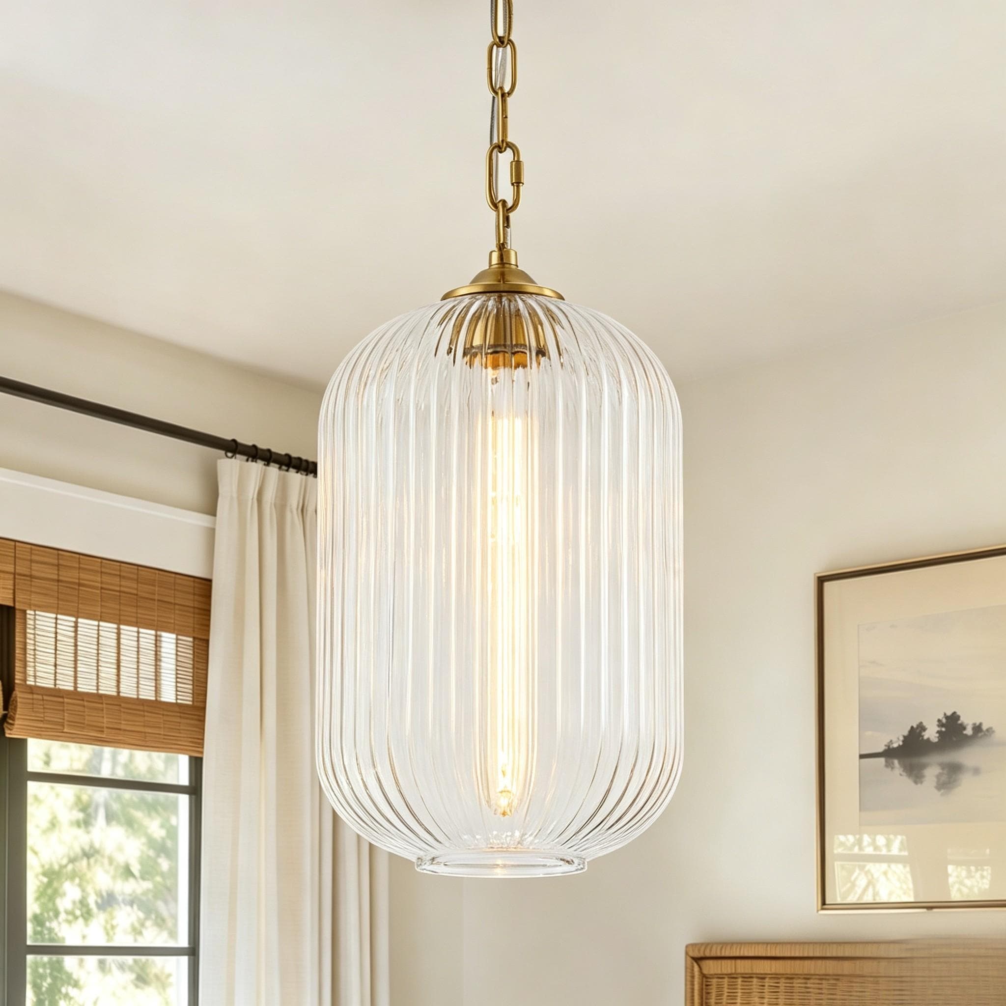 Rennnsan 1-Light Modern Ribbed Glass Pendant Light for Kitchen Island Dining Room - 7.9" W x 13" H