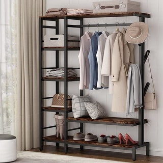 Free-standing Closet with Hooks, metal Clothes Garment Rack with Shelves and Hanging Rod