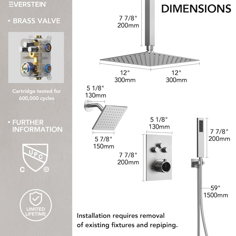 Thermostatic Shower Faucet, 12" High-Pressure Dual Showerheads System with Rough-In Valve
