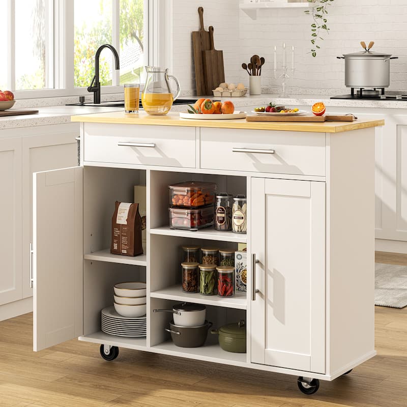 Rolling Kitchen Island with Storage Cabinet & Drawers - Rubber Wood Top for Dining & Kitchen Storage - White