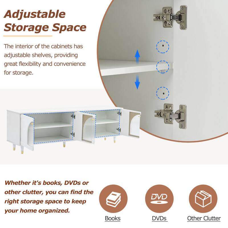 Stylish Media Console TV Stand with Adjustable Shelves, Gold Handles & Arch Fluted Glass, Fits TVs Up to 78''