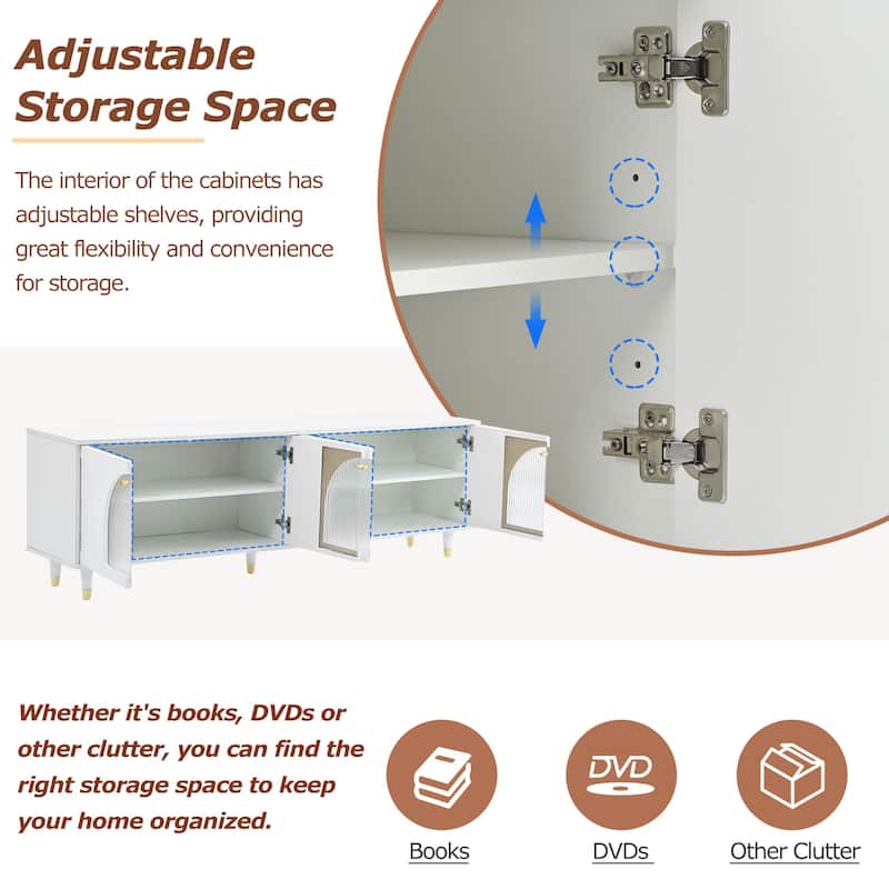 White 69" TV Stand with Shelves, Gold Handles & Glass Doors for TVs Up to 78"