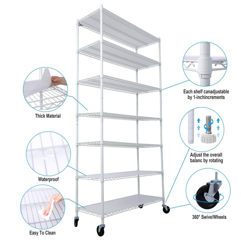 7 Tier 2450lbs Capacity Adjustable Metal Storage Rack with Wheels
