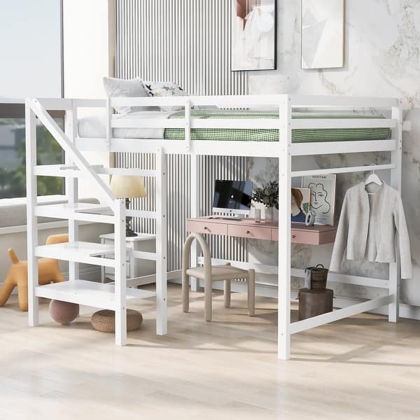 slide 2 of 9, Stoarge Shelves Full Size Loft Bed with Built-in Storage Wardrobe and Staircase and Hanger for Clothes White