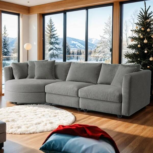 Elegant Three-Piece Indoor Sofa Set with Curved Seat and Three Pillows, Premium Chenille Fabric, for Living Room and Study, Grey