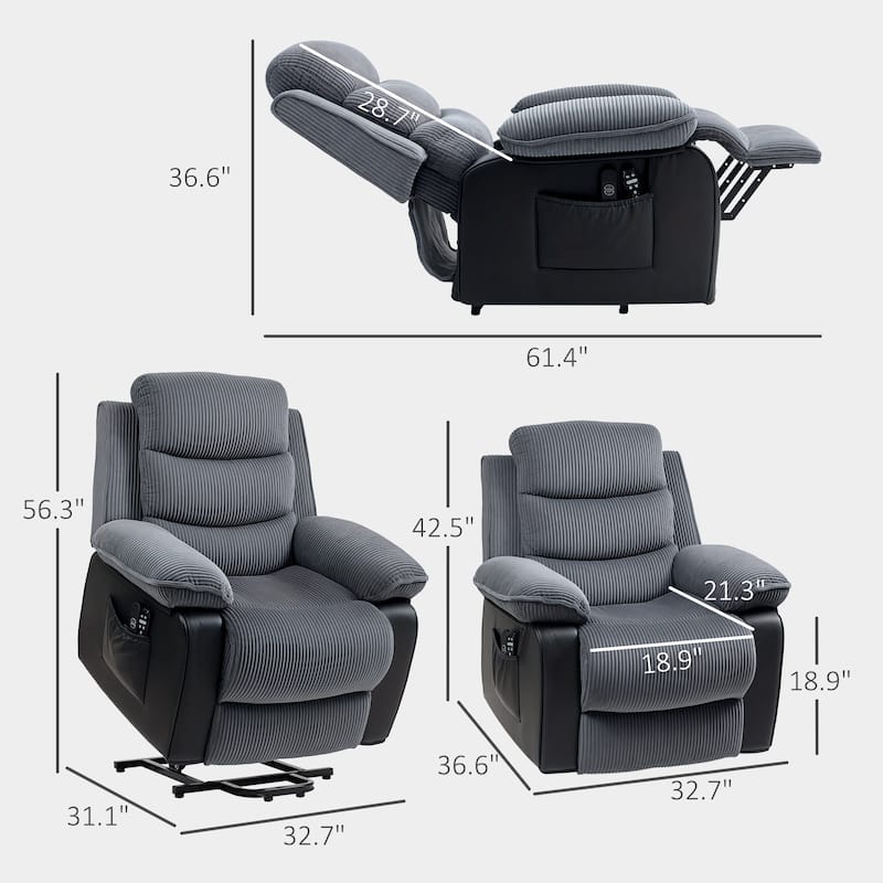 Dark Grey Power Lift Recliner Chair with Massage Heated Lumbar and USB Remote Overstuffed Comfort