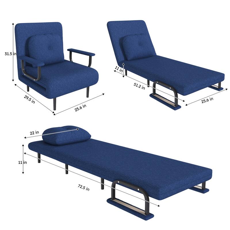 Roomfitters 3-in-1 Convertible Chair Folding Sofa Bed, 5-Position Adjustable Backrest Sleeper Chair with Pillow, Blue