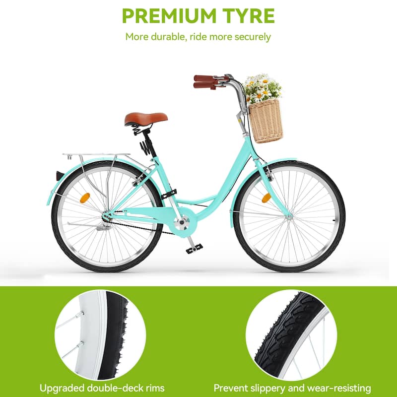 24"/26" Single Speed Beach Cruiser Bike Adult Womens Bicycle with Adjustable Seat