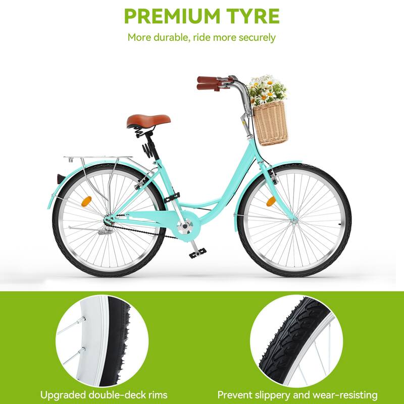 26 Inch Beach Cruiser Bike for Women - 1 Speed Commute Bike for Adults - Womens Bicycle with Adjustable Seat in Mint Green
