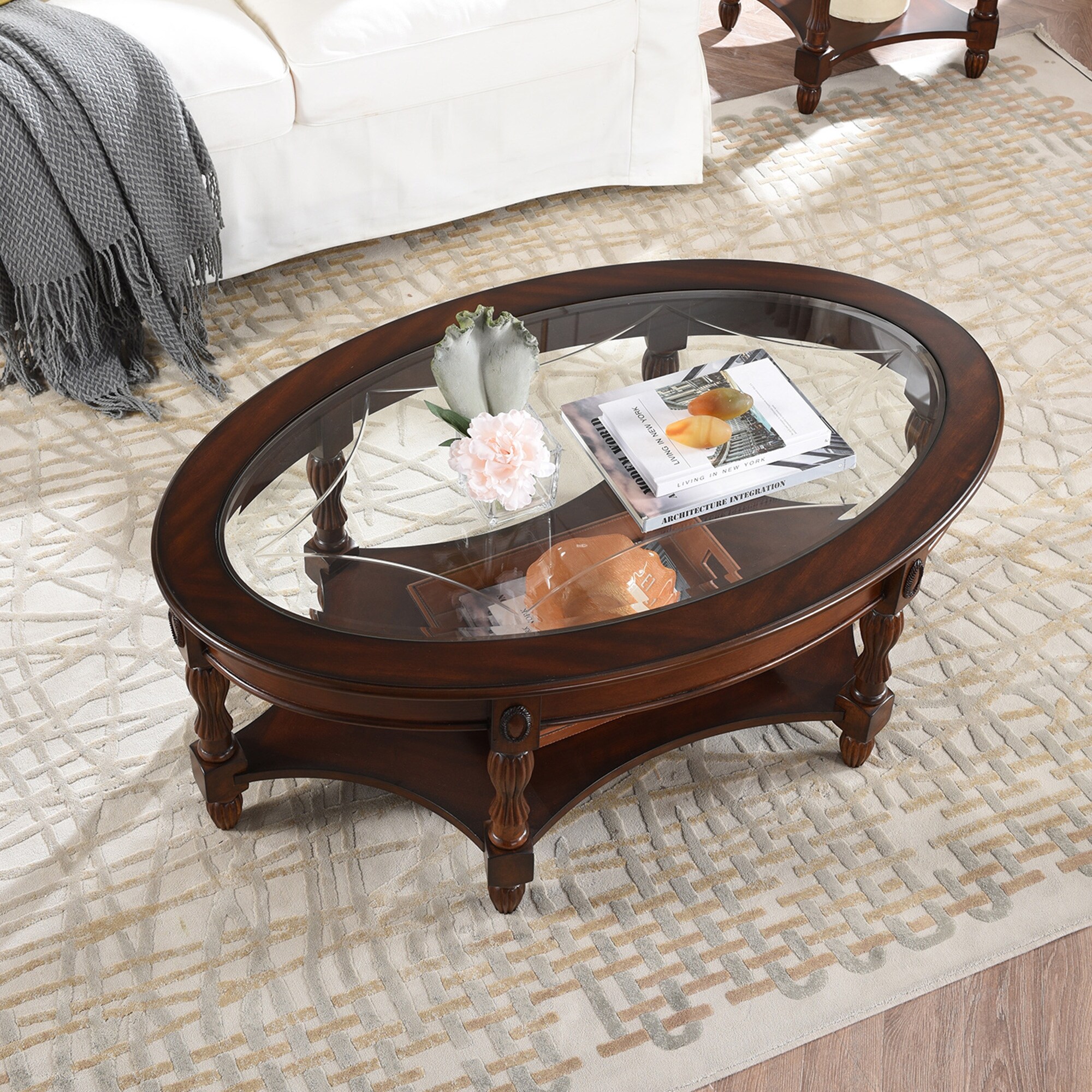 Vintage Solid Wood Oval Coffee Table with Tempered Glass Top and