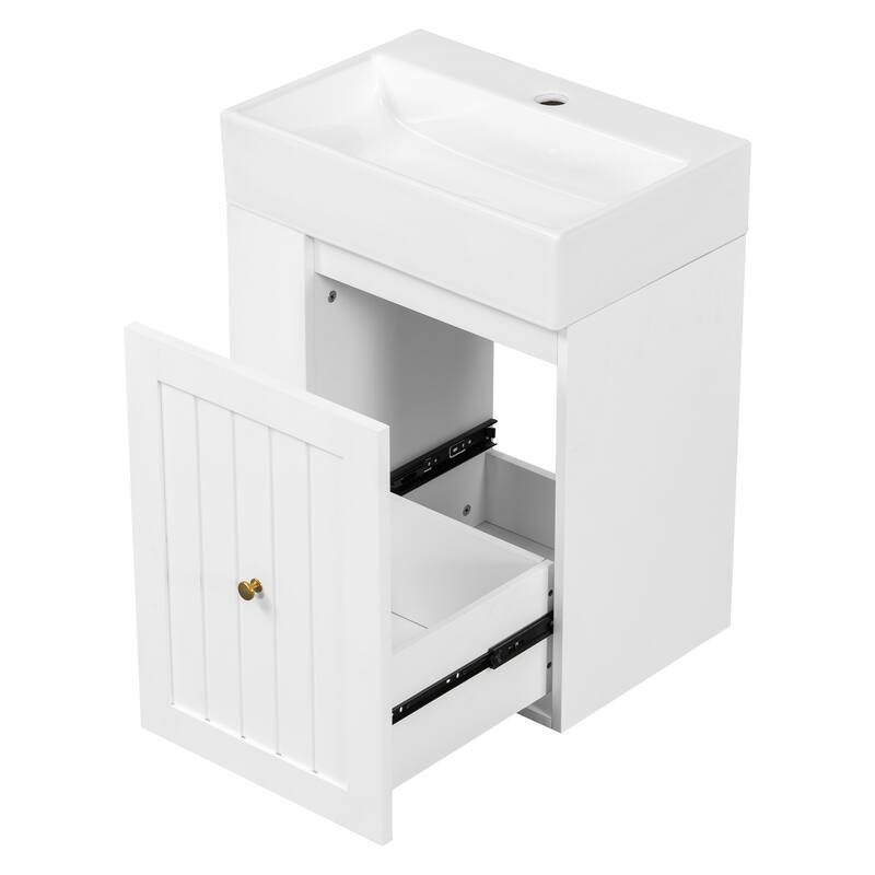 20 Inch Wall-mounted Bathroom Vanity with Ceramic Sink, Floating Bathroom Vanity Cabinet with Side Shelf for Small Bathrooms