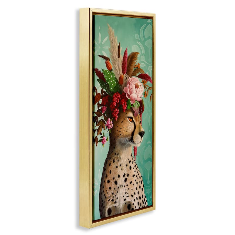 Stupell Elegant Leopard with Flower Arrangement Framed Floater Canvas Wall Art Design By Heather Gauthier