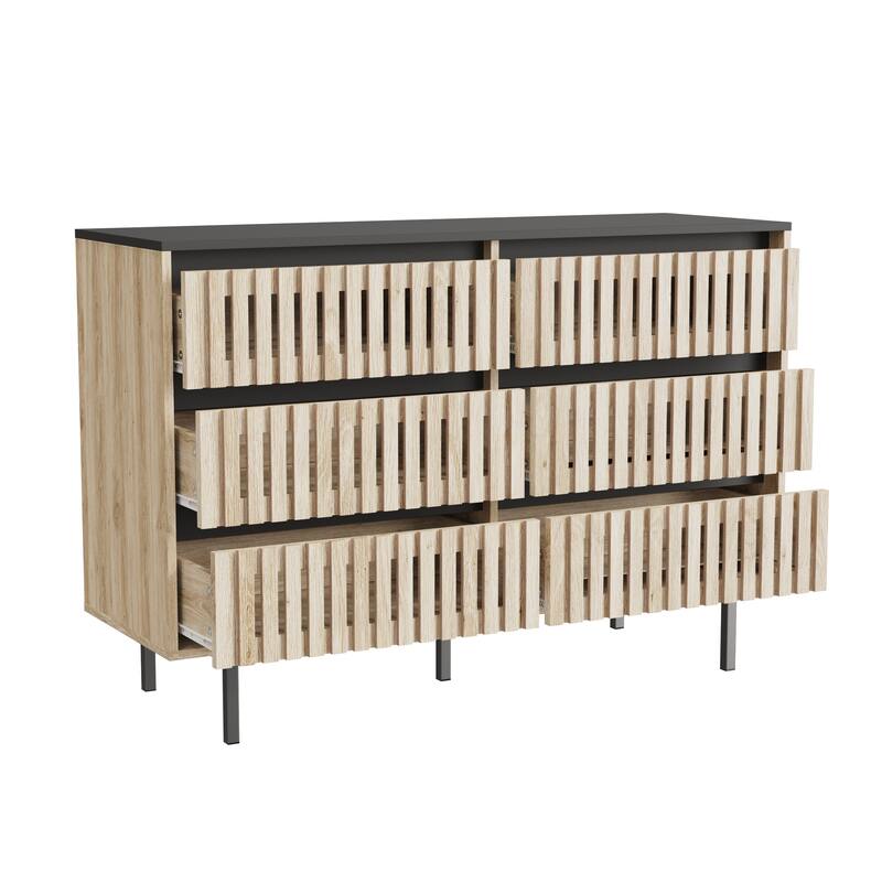 Double Dressers with 6 Drawers, Large Capacity Fluted Wood Storage Cabinet, Clothing Organizer with Metal Legs