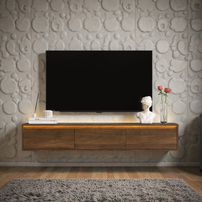 Floating TV Stand with LED Lights & Power Outlet, Wall Mounted High Gloss TV Cabinet with Storage and USB Ports - Wood