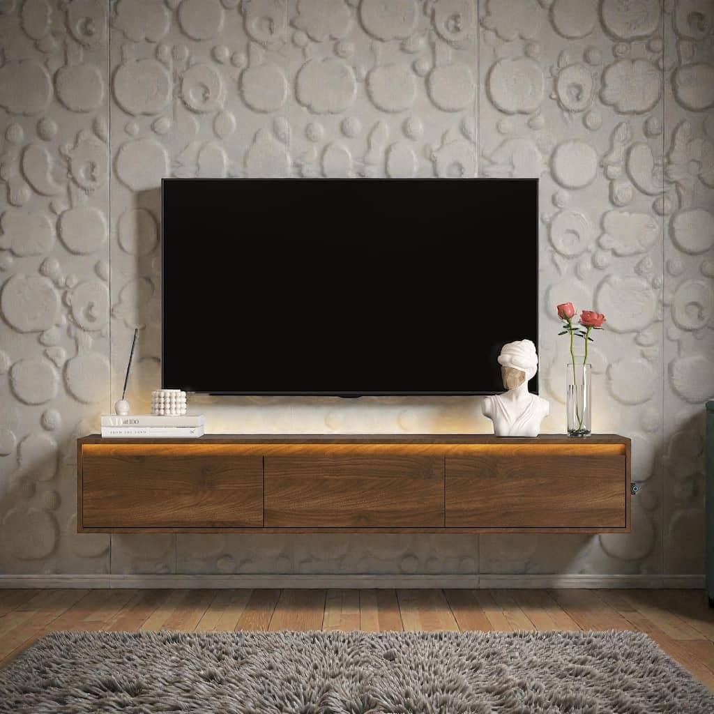 Floating TV Stand with LED Lights & Power Outlet, Wall Mounted High Gloss TV Cabinet with Storage and USB Ports