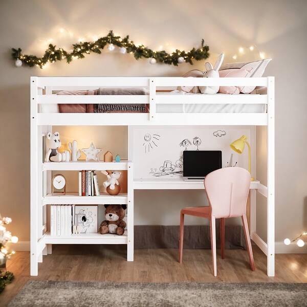 slide 2 of 25, Twin Size Wooden Loft Bed With Shelves,Desk and Writing Board,Solid Construction White