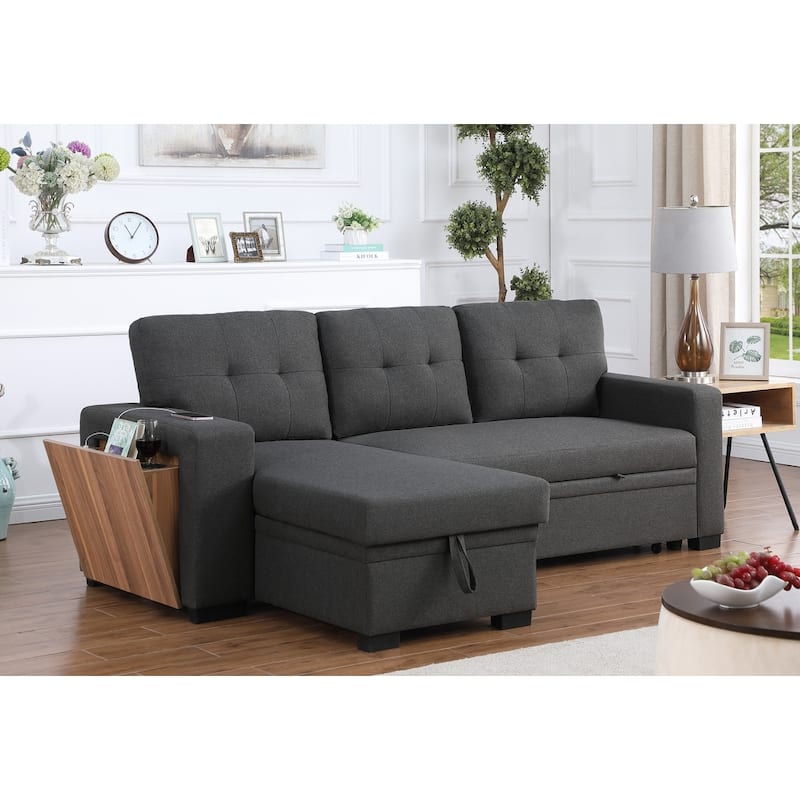 Linen L-Shaped Convertible Sectional Sofa Bed with Storage and Wooden Accent