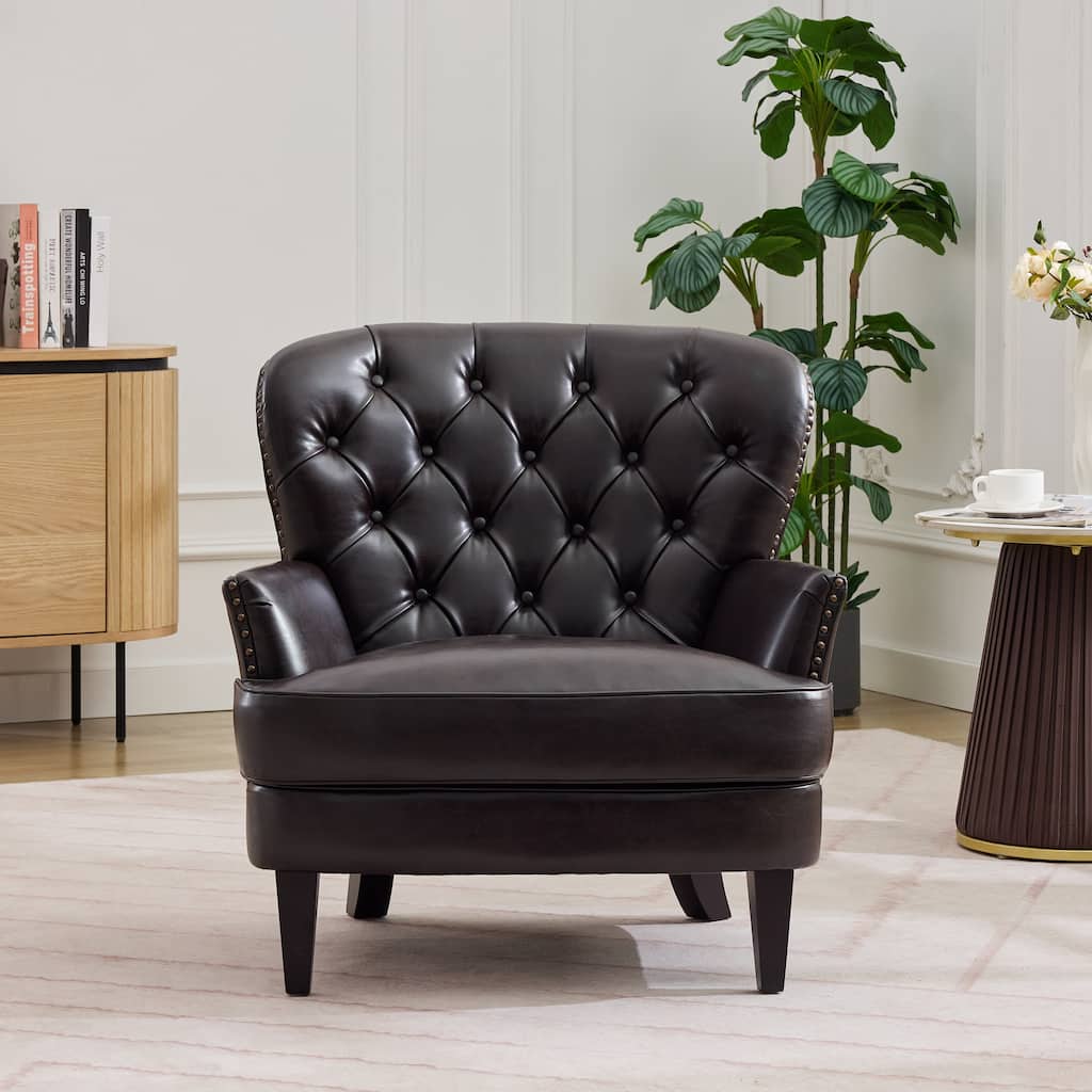 Lounge Chair with Nailhead Trim, Ergonomic Upholstered Reading Armchair, Accent Chair with Curved Backrest & Solid Wood Legs