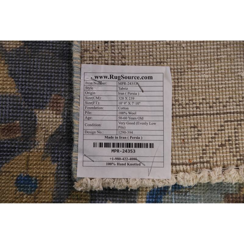 Blue Tabriz Persian Area Rug Oriental Floral Hand-Knotted Wool Carpet - 7'10"x 10'9"