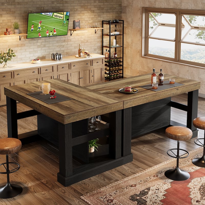 55-Inch Stationary Kitchen Island with Seating and Storage Shelves & Large Worktop, Farmhouse Style - 31.5"D x 55.12"W x 35.43"H