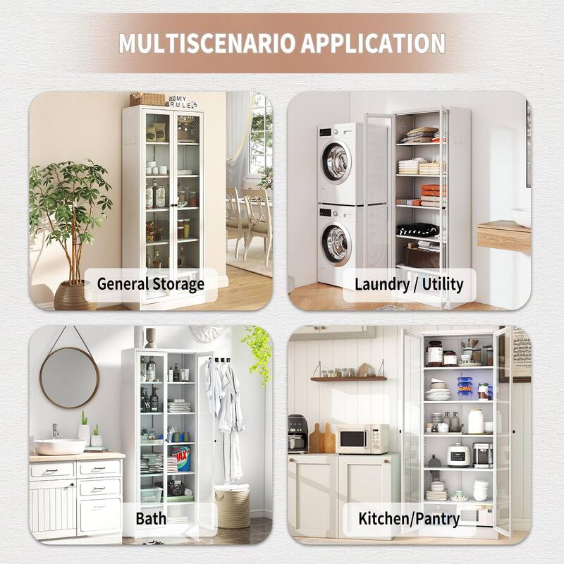 Metal Kitchen Pantry Cabinet - 72" Tall Storage with 5 Adjustable Shelves, White Freestanding Cabinet for Kitchen