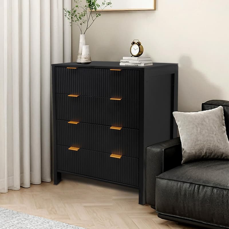 4 Drawer Fluted Dresser for Bedroom, Modern Wood Chest with Gold Handles, Narrow Storage Cabinet or TV Stand
