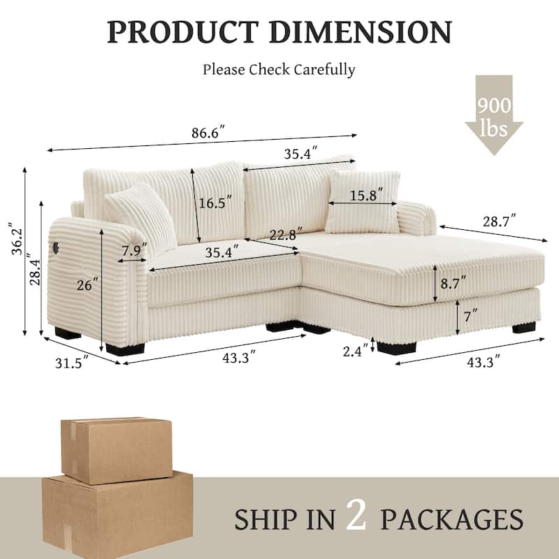L-Shaped Sofa, 2 Seater Modular Sectional Sofa with Convertible Chaise, USB Ports, Corduroy Couch with Oversized Side Pocket