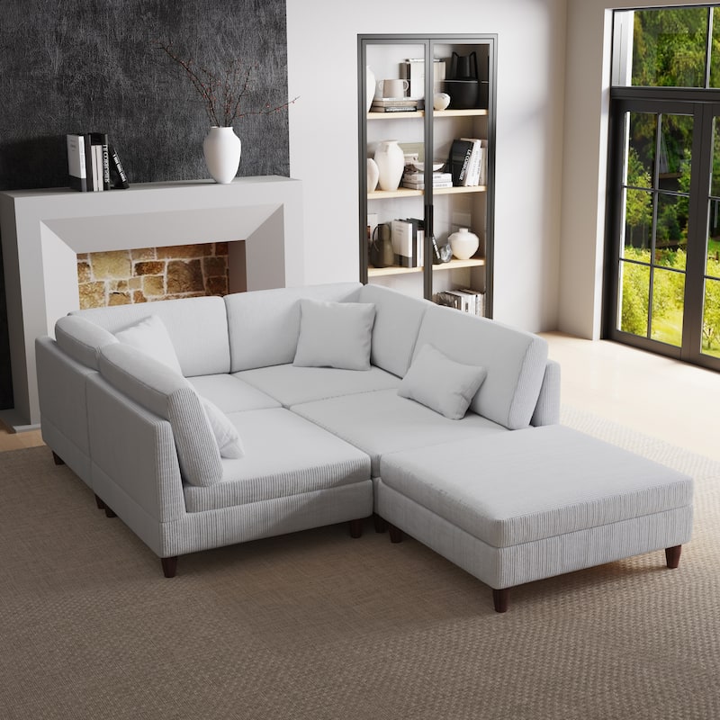 Corduroy Modular Sectional Sofa Set With Ottoman