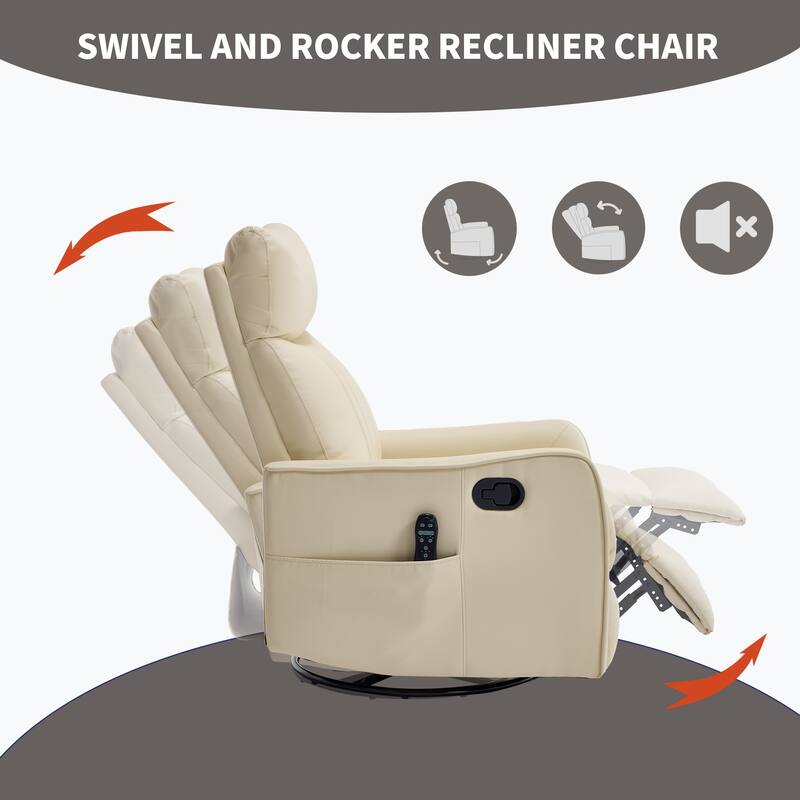 Heat Massage Manual Recliner Chair with Rocker and Swivel in Faux Leather for Living Room