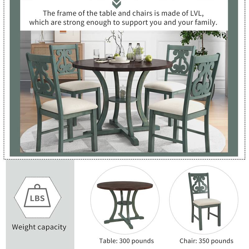 Antique Blue 5-Piece Wooden Dining Table Set with Round Table, 4 Chairs & Shelf