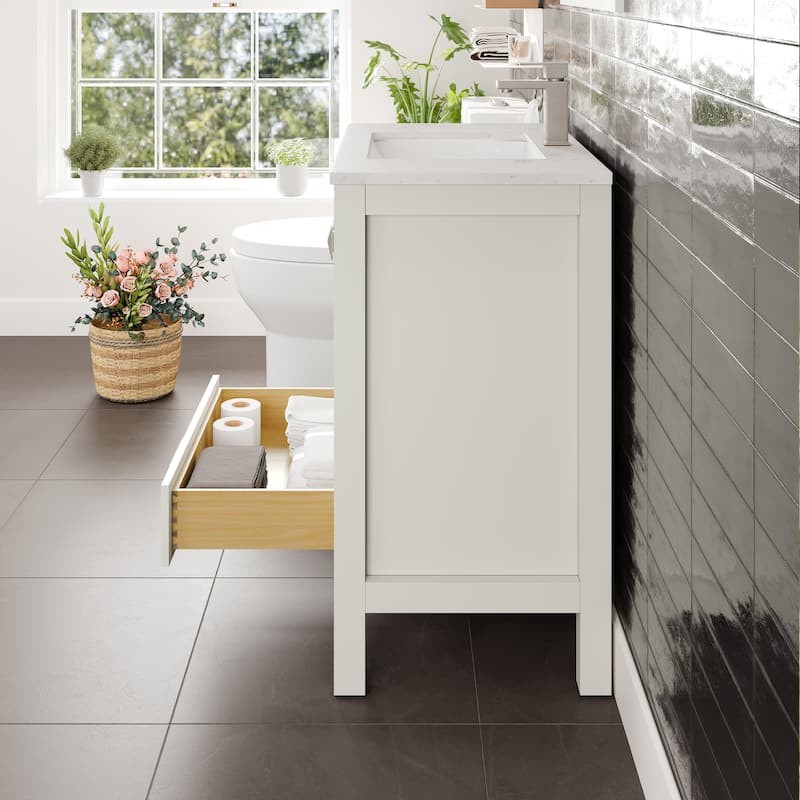Eviva London 30"W Bath Vanity with Carrara Quartz Top & Porcelain Sink