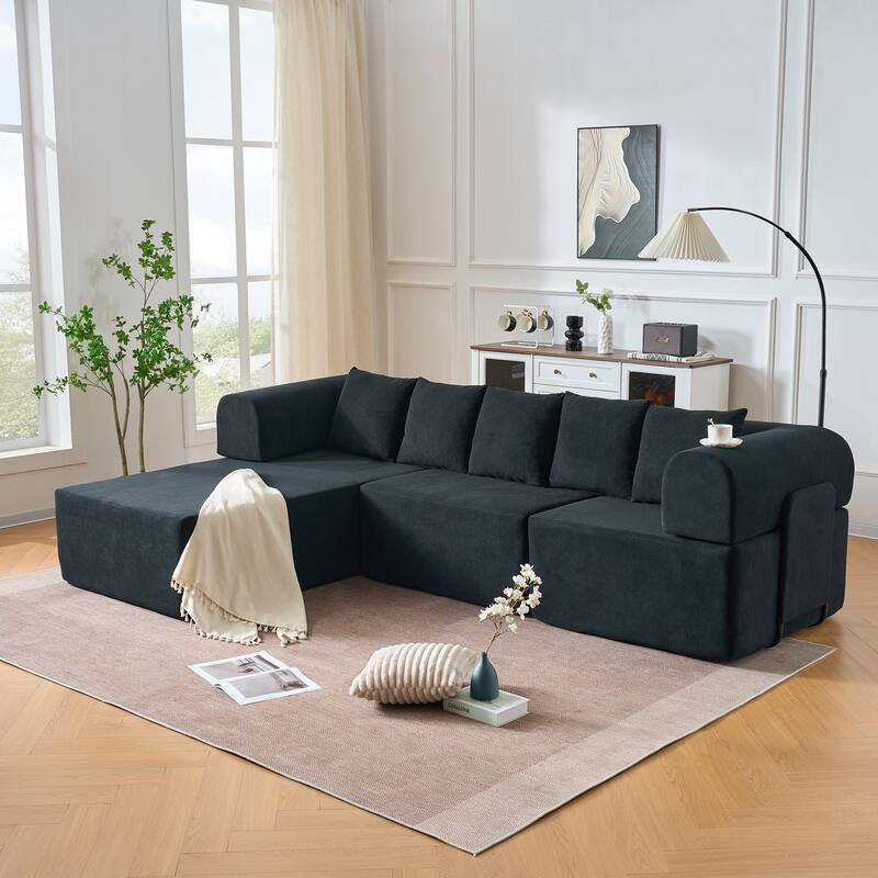 Modular Sectional Sofa with L-Shape Chaise Lounge, Velvet Boneless Cloud Couch, Compressed Sofa with 5 Pillows - Black