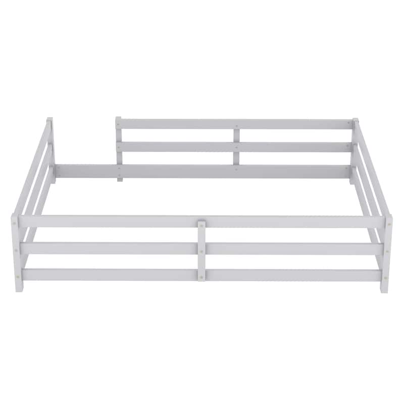 Grey Full Size Wood Floor Bed w/ Fence for Kids, Girls, Boys, Easy Assemble