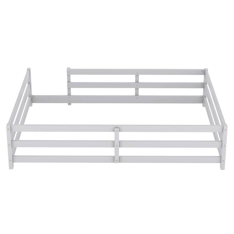 Twin/Full Montessori Floor Bed with Safety Fence - Wood Kids Floor Bed for Boys & Girls