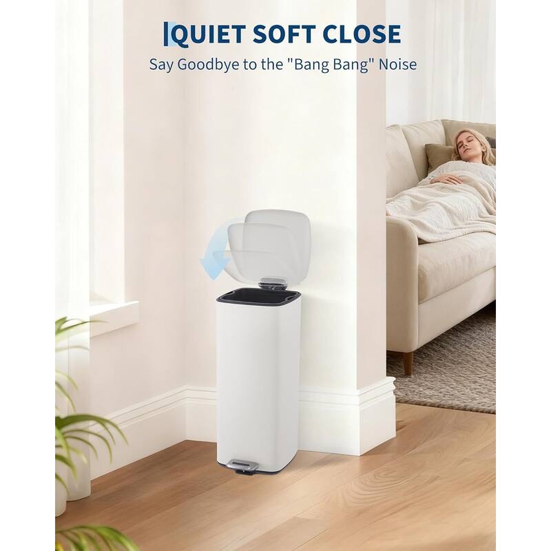 8 Gal / 30L Square Step Trash Can Stainless Steel with Lid and Inner Bucket White