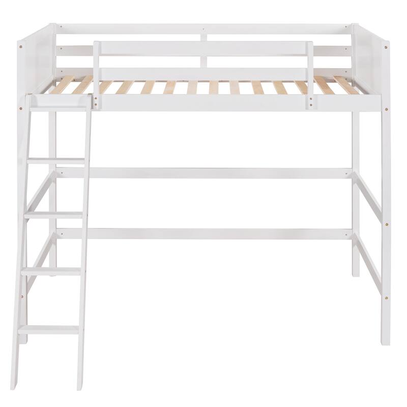 Wooden Loft Bed Twin Size, Solid Wood High Loft Bed Frame with Ladder & Safety Guardrail, Twin Kids Bed Frame for Boys Girls