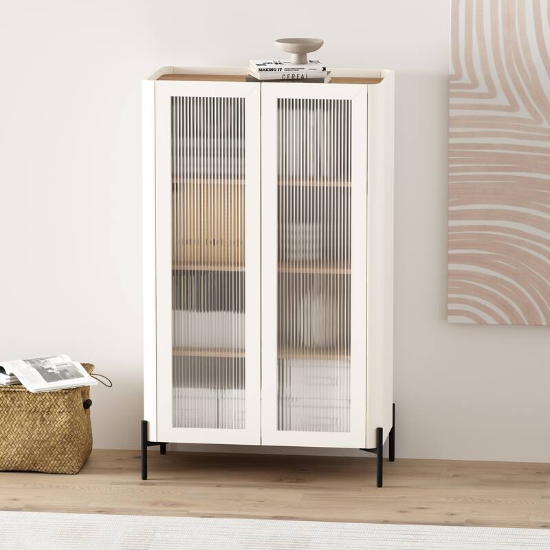 Manhattan Comfort Modern Abbey Décor Ribbed Tempered Glass Cabinet with Adjustable Shelves in White - Single - Maple and Off White