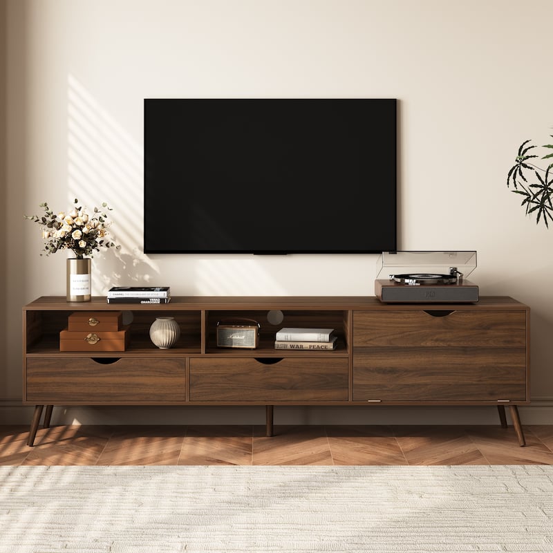 Mid Century Media Console for TVs up to 80", TV Stand with 2 Drawers & Drop-Down Door Storage Cabinet