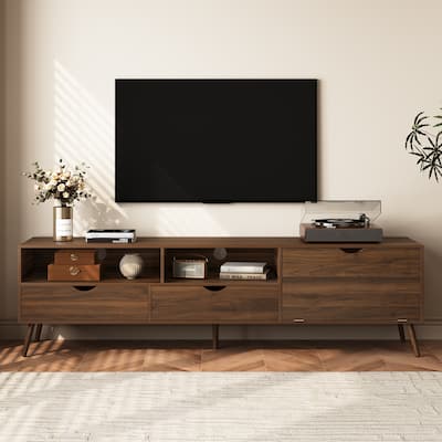 Mid Century Media Console for TVs up to 80", TV Stand with 2 Drawers & Drop-Down Door Storage Cabinet