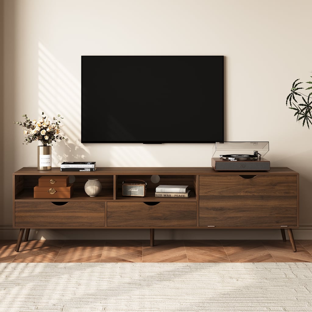 Roomfitters Mid Century TV Stand for TVs up to 80", Media Console Table with 2 Drawers and Drop-Down Door, Natural