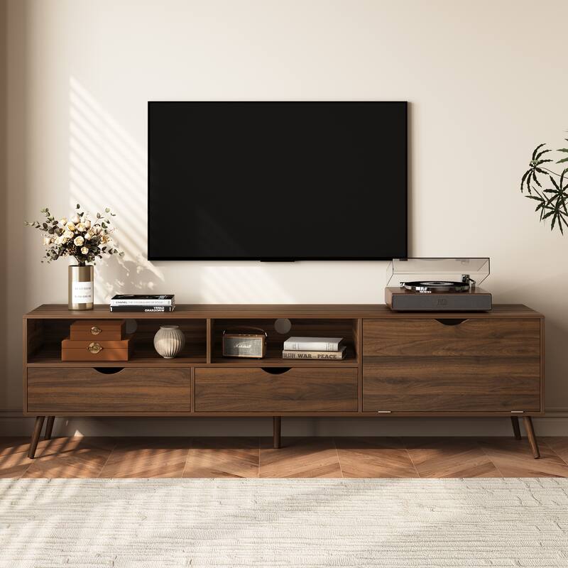 Walnut Media Cabinet TV Stand with 2 Drawers, Mid Century Modern Entertainment Center TV Console Table for TVs up to 80"