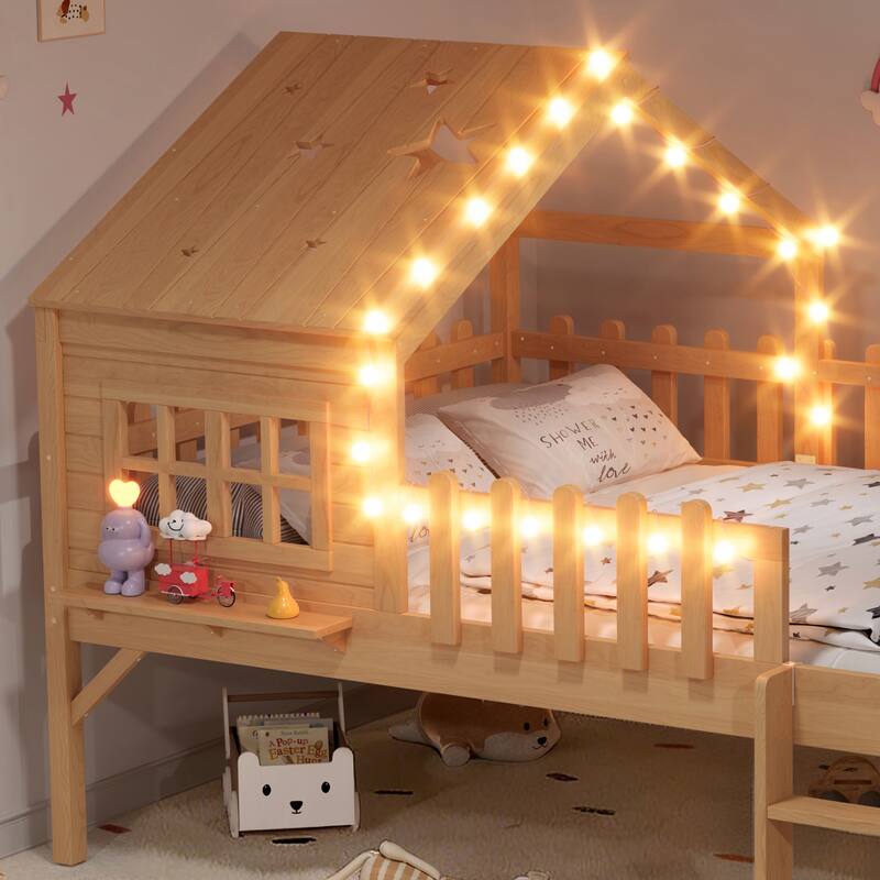 House Loft Bed with Slide and LED Lights, Kids Playhouse Bed with Star & Moon Cutout Roof and Window, Low Loft Bed