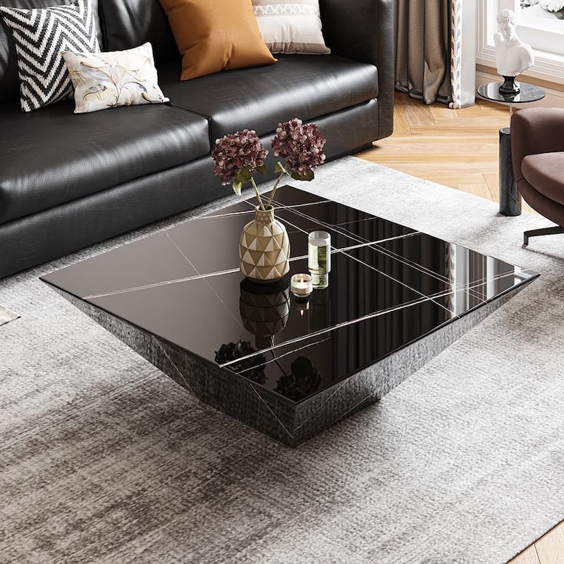 Modern Square Coffee Table, Trapezoid White Sintered Stone Coffee Table, Fully-assembled